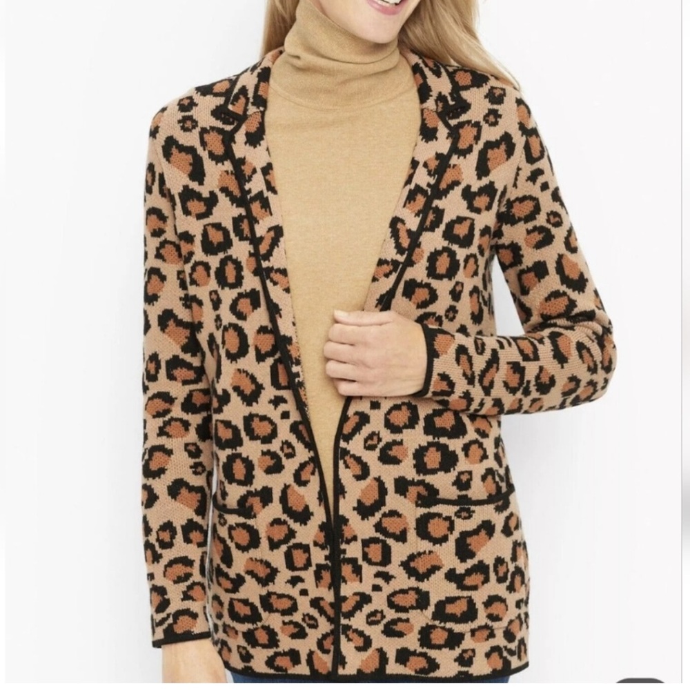 Talbots Leopard  Print Open Front Cardigan Sweater Wool Blend Blazer Small